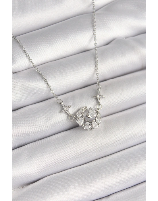 316L Çelik Gümüş Renk Zirkon Taşlı Hilal Kalp Model Kadın Kolye