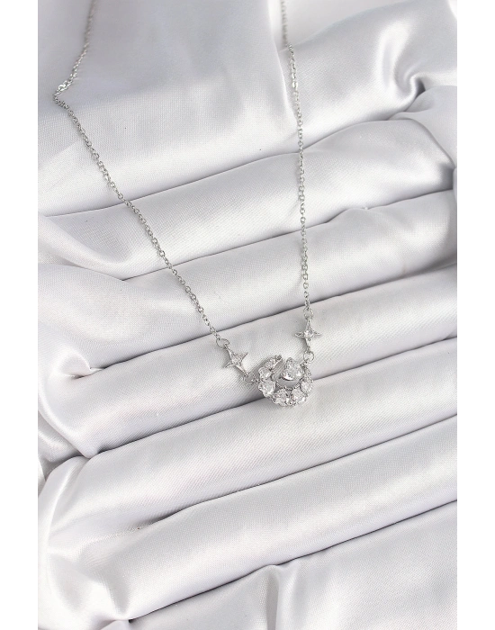 316L Çelik Gümüş Renk Zirkon Taşlı Hilal Kalp Model Kadın Kolye