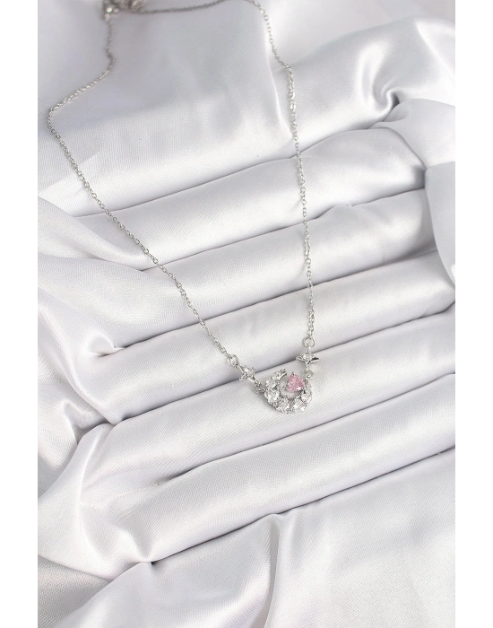 316L Çelik Gümüş Renk Zirkon Taşlı Hilal Pembe Kalp Model Kadın Kolye