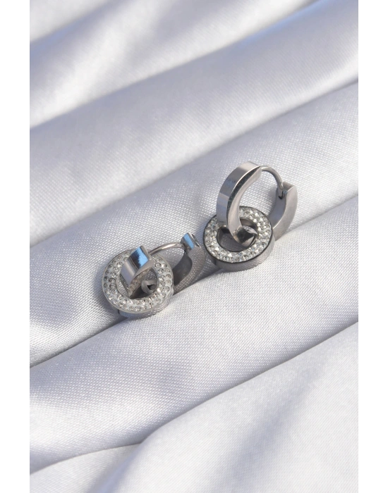 316L Çelik Gümüş Renk Zirkon Taşlı İç İçe Geçmeli Oval Küpe