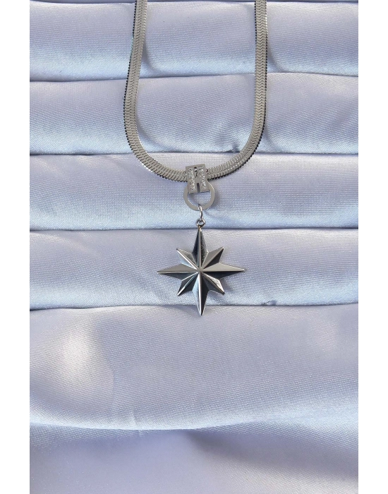 316L Çelik Gümüş Renk Zirkon Taşlı İtalyan Zincirli Kutup Yıldızı Kolye