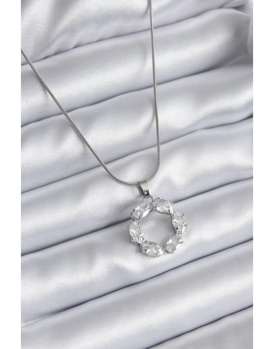 316L Çelik Gümüş Renk Zirkon Taşlı Kadın Kolye