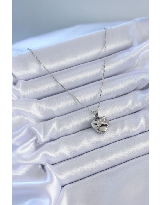 316L Çelik Gümüş Renk Zirkon Taşlı Kalp Model Kadın Kolye