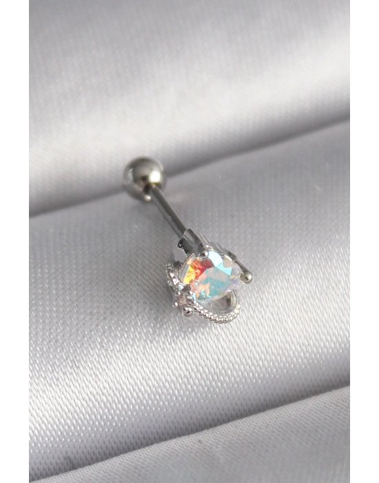 316L Çelik Gümüş Renk Zirkon Taşlı Kalp Tragus Piercing