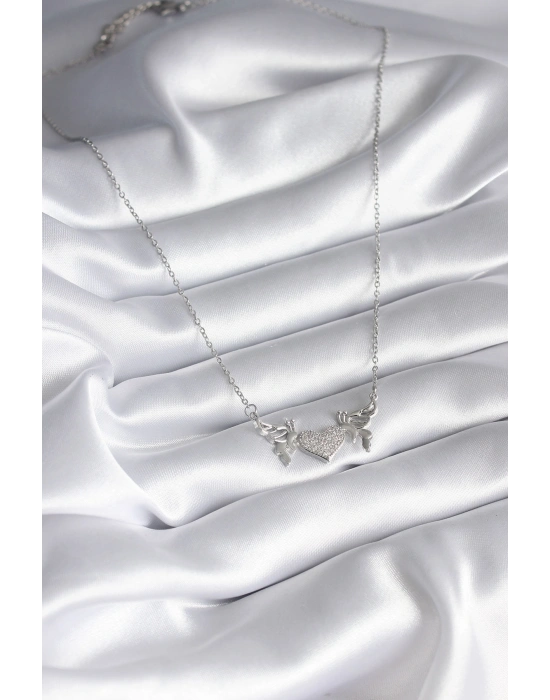 316L Çelik Gümüş Renk Zirkon Taşlı Kanat Kalp Model Kadın Kolye