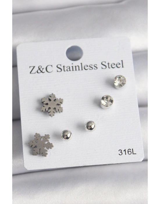 316L Çelik Gümüş Renk Zirkon Taşlı Kar Tanesi Model Kadın Küpe Seti
