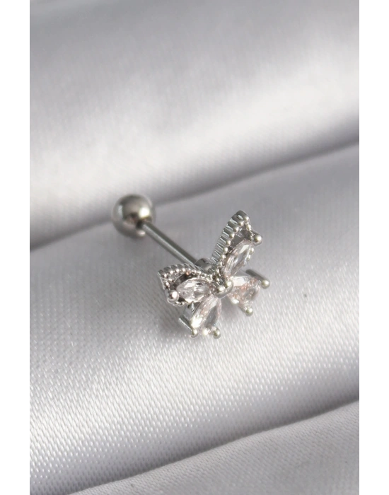 316L Çelik Gümüş Renk Zirkon Taşlı Kelebek Tragus Piercing