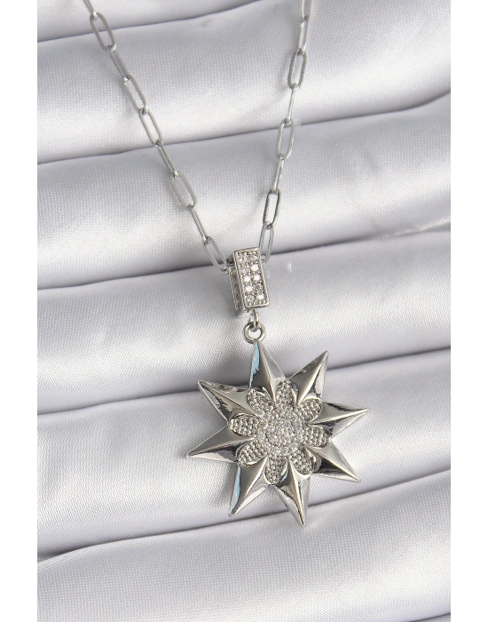316L Çelik Gümüş Renk Zirkon Taşlı Kutup Yıldızı Model Kadın Kolye