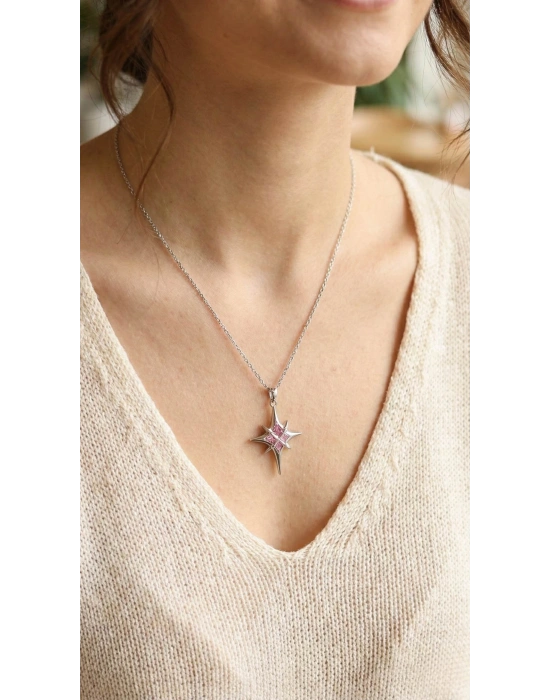 316L Çelik Gümüş Renk Zirkon Taşlı Kutup Yıldızı Model Kadın Kolye