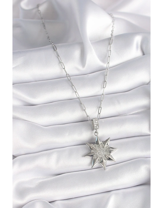 316L Çelik Gümüş Renk Zirkon Taşlı Kutup Yıldızı Model Kadın Kolye