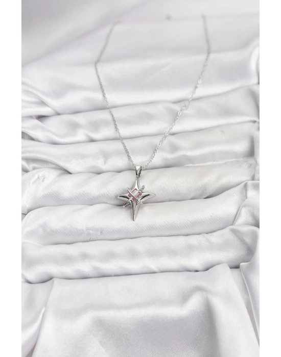 316L Çelik Gümüş Renk Zirkon Taşlı Kutup Yıldızı Model Kadın Kolye