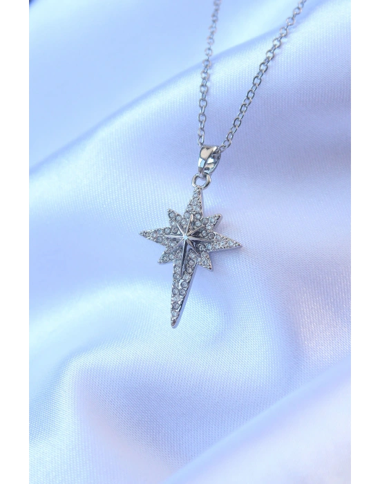 316L Çelik Gümüş Renk Zirkon Taşlı Kutup Yıldızı Model Kolye