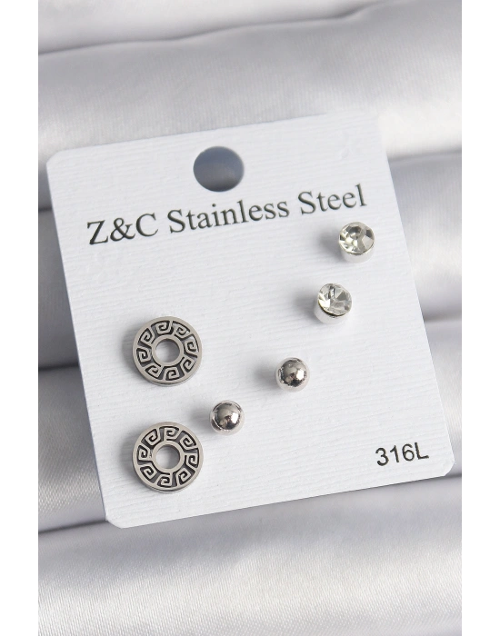 316L Çelik Gümüş Renk Zirkon Taşlı Labirent Model Kadın Küpe Seti