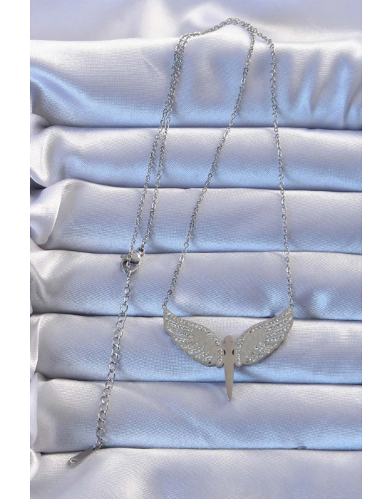 316L Çelik Gümüş Renk Zirkon Taşlı Mikail Kolye