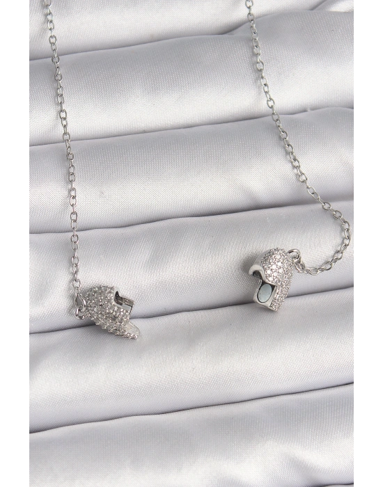 316L Çelik Gümüş Renk Zirkon Taşlı Mıknatıslı Kalp Model Kadın Kolye