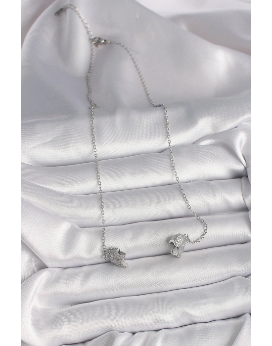 316L Çelik Gümüş Renk Zirkon Taşlı Mıknatıslı Kalp Model Kadın Kolye