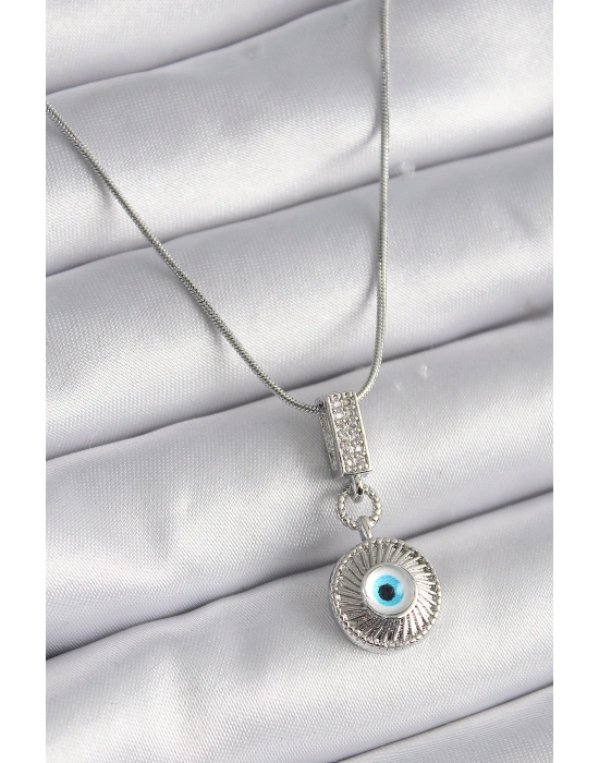 316L Çelik Gümüş Renk Zirkon Taşlı Nazar Boncuk Model Kadın Kolye