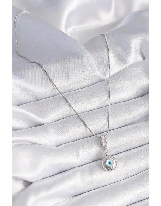 316L Çelik Gümüş Renk Zirkon Taşlı Nazar Boncuk Model Kadın Kolye
