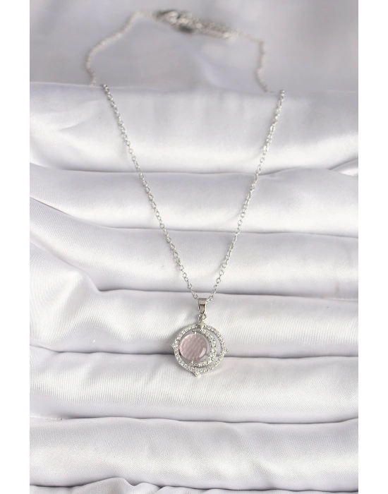 316L Çelik Gümüş Renk Zirkon Taşlı Pembe Sedefli Hilal Model Kadın Kolye