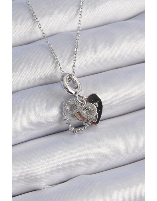 316L Çelik Gümüş Renk Zirkon Taşlı Sonsuzluk Kalp Figür Charm Model Kadın Kolye