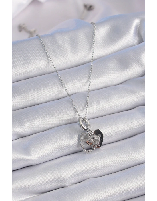 316L Çelik Gümüş Renk Zirkon Taşlı Sonsuzluk Kalp Figür Charm Model Kadın Kolye