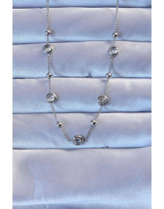 316L Çelik Gümüş Renk Zirkon Taşlı Top Zincirli Kolye