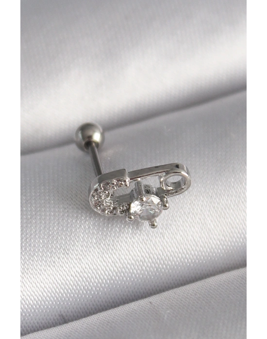316L Çelik Gümüş Renk Zirkon Taşlı Toplu İğne Tragus Piercing
