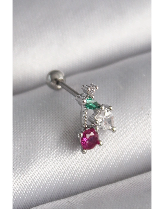 316L Çelik Gümüş Renk Zirkon Taşlı Tragus Piercing