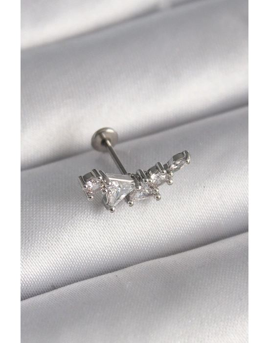 316L Çelik Gümüş Renk Zirkon Taşlı Tragus Piercing