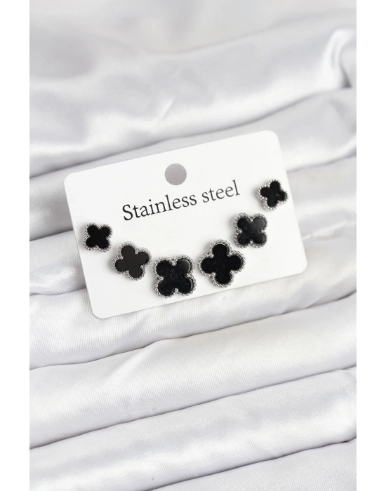 316L Çelik Gümüş Siyah Renk 3 Boy Yonca Küpe Seti