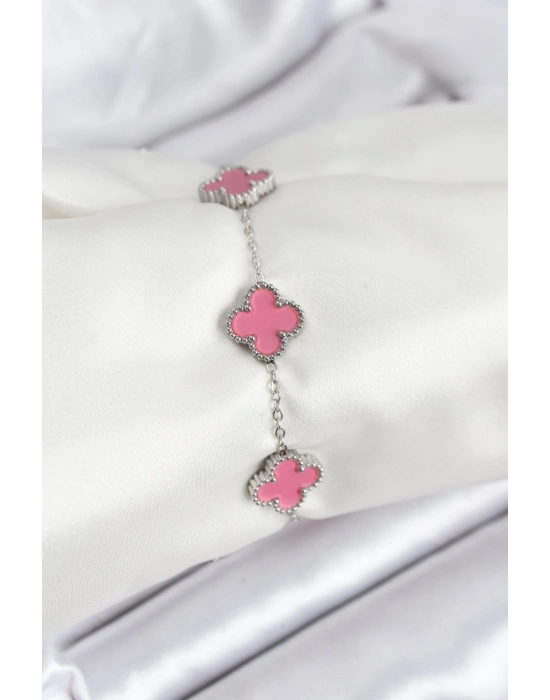 316L Çelik Gümüş Zincir Pembe Renk Yonca Bileklik