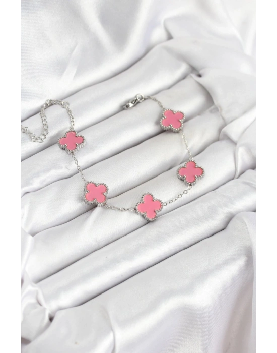 316L Çelik Gümüş Zincir Pembe Renk Yonca Bileklik