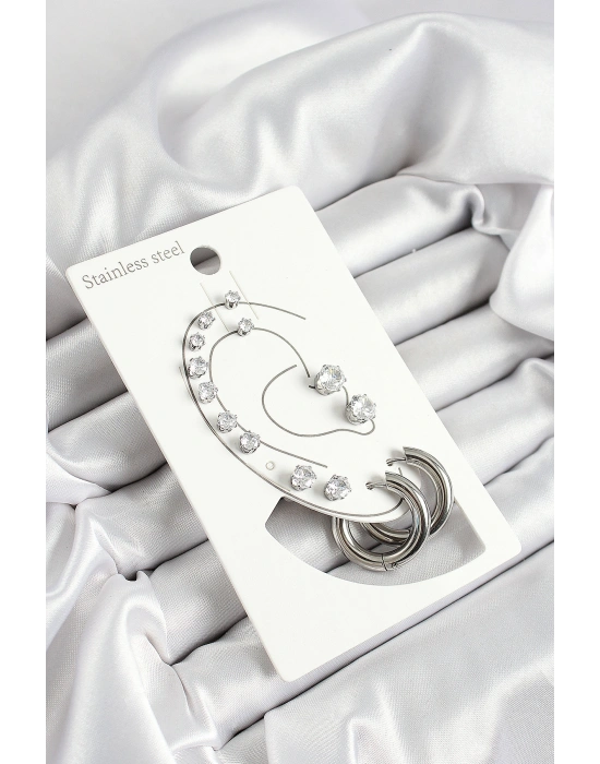 316L Çelik Halka Figürlü Ve Zirkon Taşlı Gümüş Renk 7li Çift Kadın Küpe Set