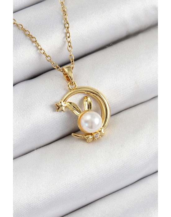 316L Çelik İnci Detaylı Hilal Tavşan Model Gold Renk Kadın Kolye