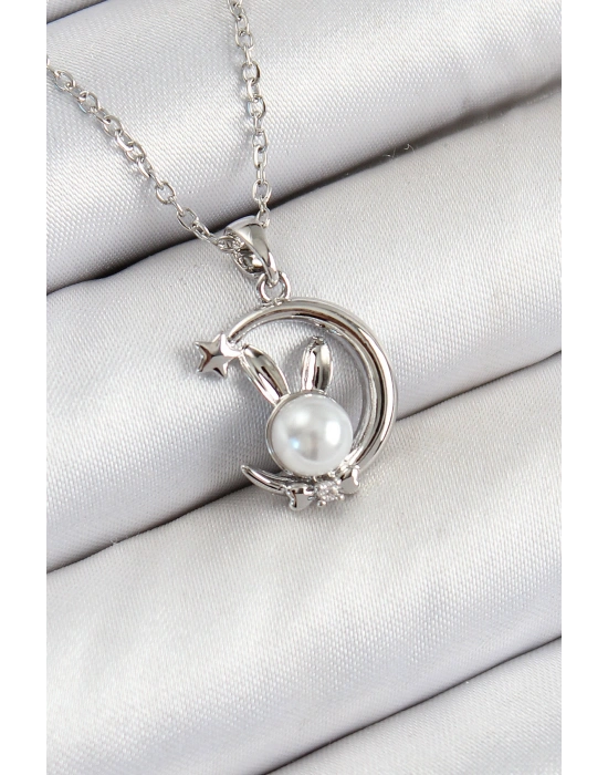 316L Çelik İnci Detaylı Hilal Tavşan Model Gümüş Renk Kadın Kolye