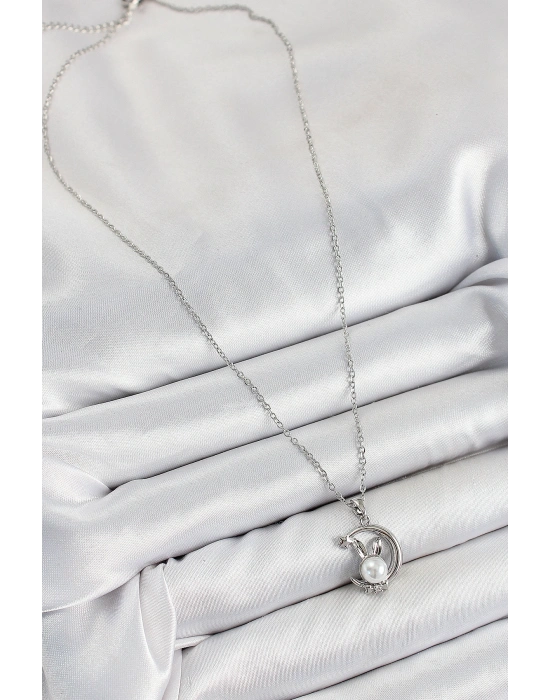 316L Çelik İnci Detaylı Hilal Tavşan Model Gümüş Renk Kadın Kolye