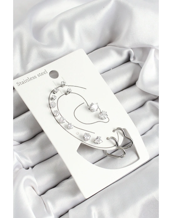 316L Çelik Kalp Figürlü Ve Zirkon Taşlı Gümüş Renk 7li Çift Kadın Küpe Set