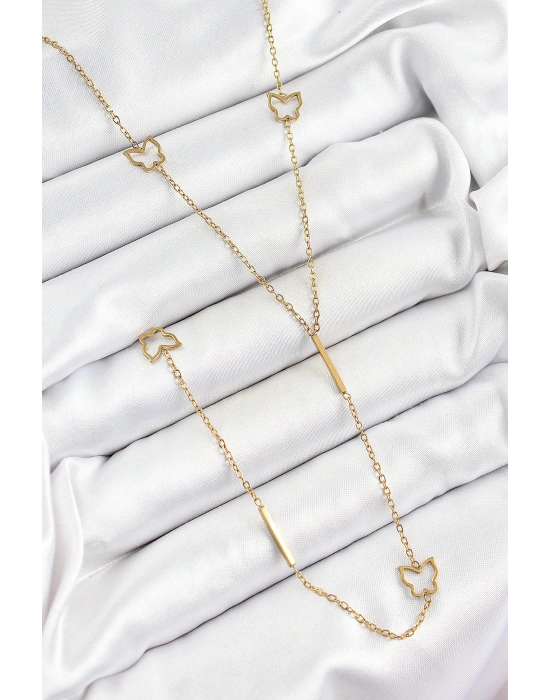 316L Çelik Kelebek Figürlü Y Model Gold Renk Kadın Kolye