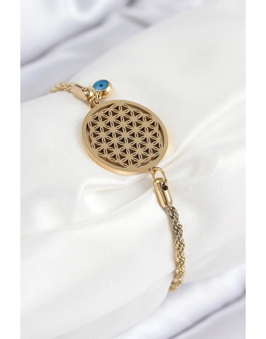 316L Çelik Nazar Boncuğu Detaylı Yaşam Çiçeği Model Gold Renk Kadın Bileklik