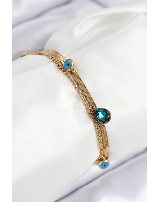 316L Çelik Nazar Boncuk Detaylı Mavi Zirkon Taşlı Model İtalyan Zincir Gold Renk Kadın Bileklik