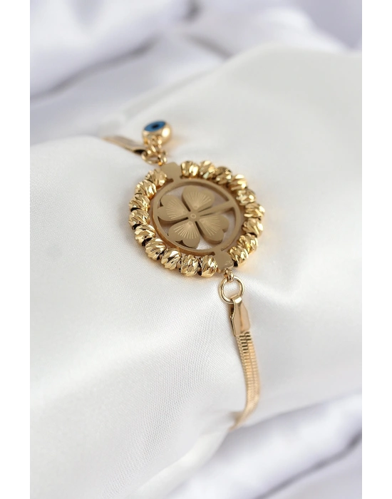 316L Çelik Nazar Boncuk Detaylı Yonca Model İtalyan Zincir Gold Renk Kadın Bileklik