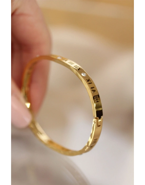 316L Çelik Roma Rakamlı Gold Renk Bilezik Kelepçe