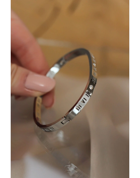 316L Çelik Roma Rakamlı Silver Renk Bilezik Kelepçe