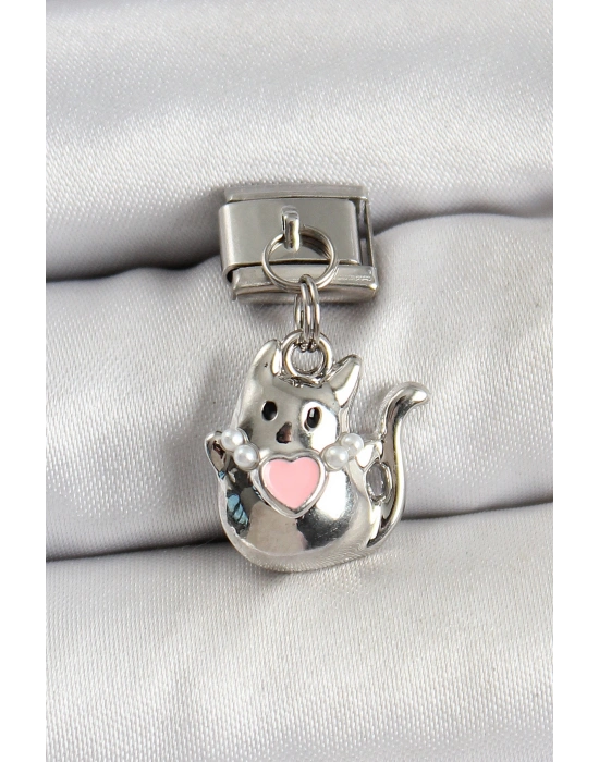316L Çelik Sallantılı Kalp Detaylı Kedi Model Gümüş Renk Nomination Charm