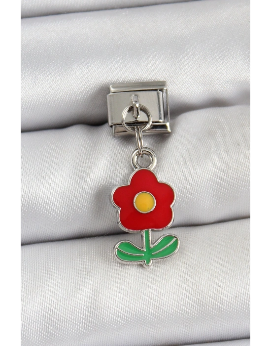 316L Çelik Sallantılı Kırmızı Papatya Model Gümüş Renk Nomination Charm