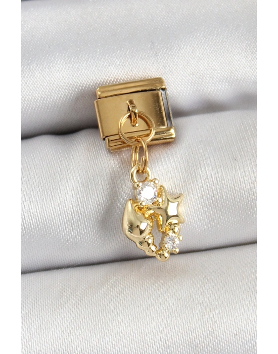 316L Çelik Sallantılı Zirkon Taşlı Deniz Kabuğu Ve Yıldız Model Gold Renk Nomination Charm