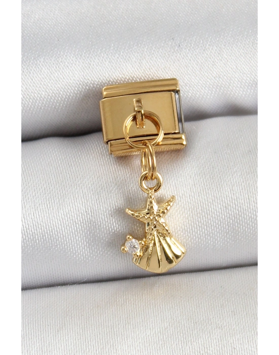 316L Çelik Sallantılı Zirkon Taşlı Deniz Yıldızı Ve İstiridye Model Gold Renk Nomination Charm