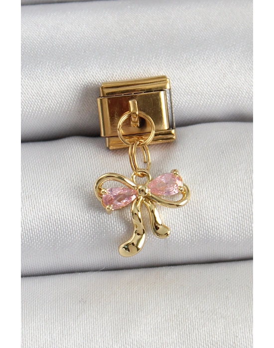 316L Çelik Sallantılı Zirkon Taşlı Fiyonk Model Gold Renk Nomination Charm