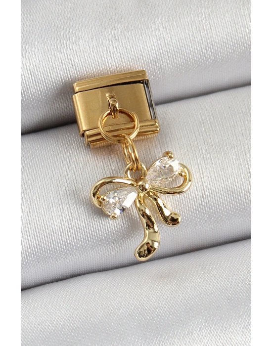 316L Çelik Sallantılı Zirkon Taşlı Fiyonk Model Gold Renk Nomination Charm