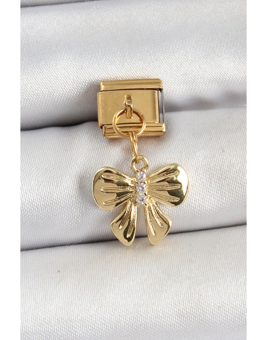 316L Çelik Sallantılı Zirkon Taşlı Fiyonk Model Gold Renk Nomination Charm